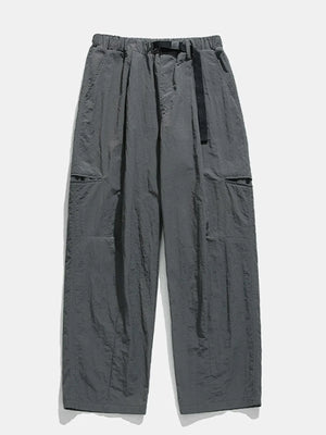 Dark gray technical fabric cargo pants with belt and multiple pockets
