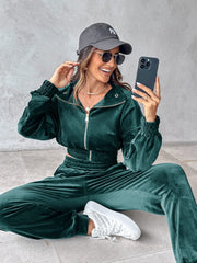 Deep Teal velvet crop tracksuit with zipper detail and elasticated cuffs and waistband.