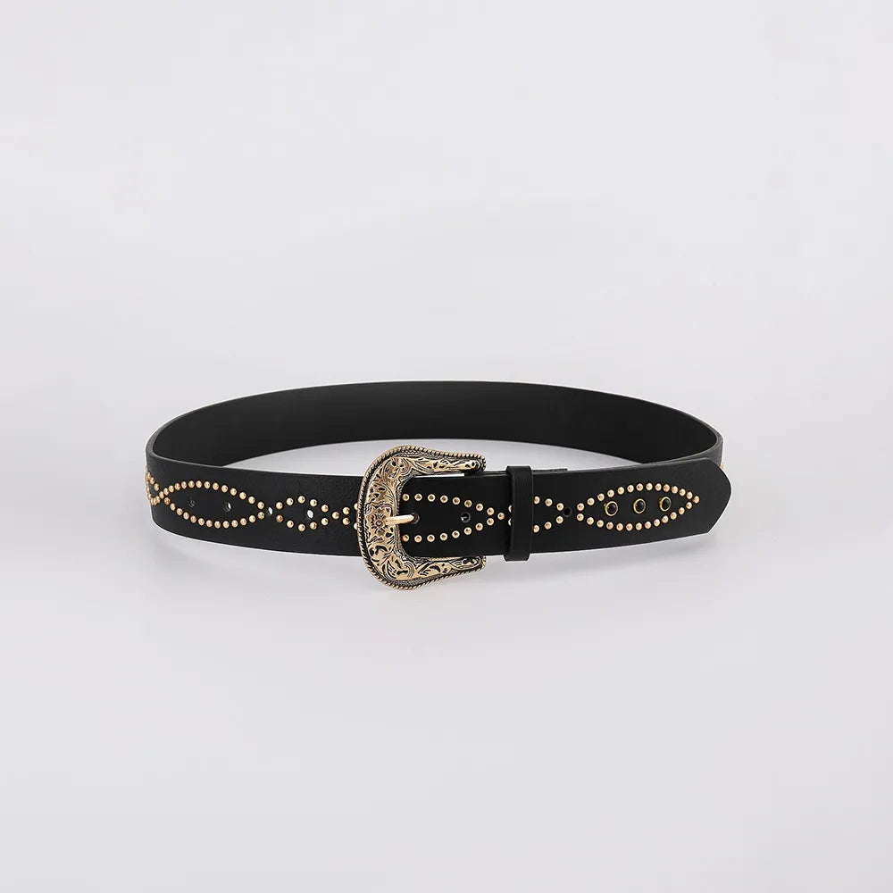 Black faux leather belt with gold studs and antique buckle detail
