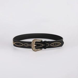Black faux leather belt with gold studs and antique buckle detail