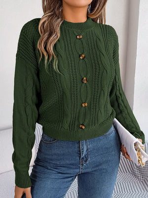 Army green cable knit button-up sweater with mock neck and wooden buttons.