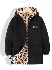 Black hooded jacket with leopard print lining and two front pockets.