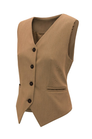 Camel V-neck button-down vest with a textured weave and two front pockets.