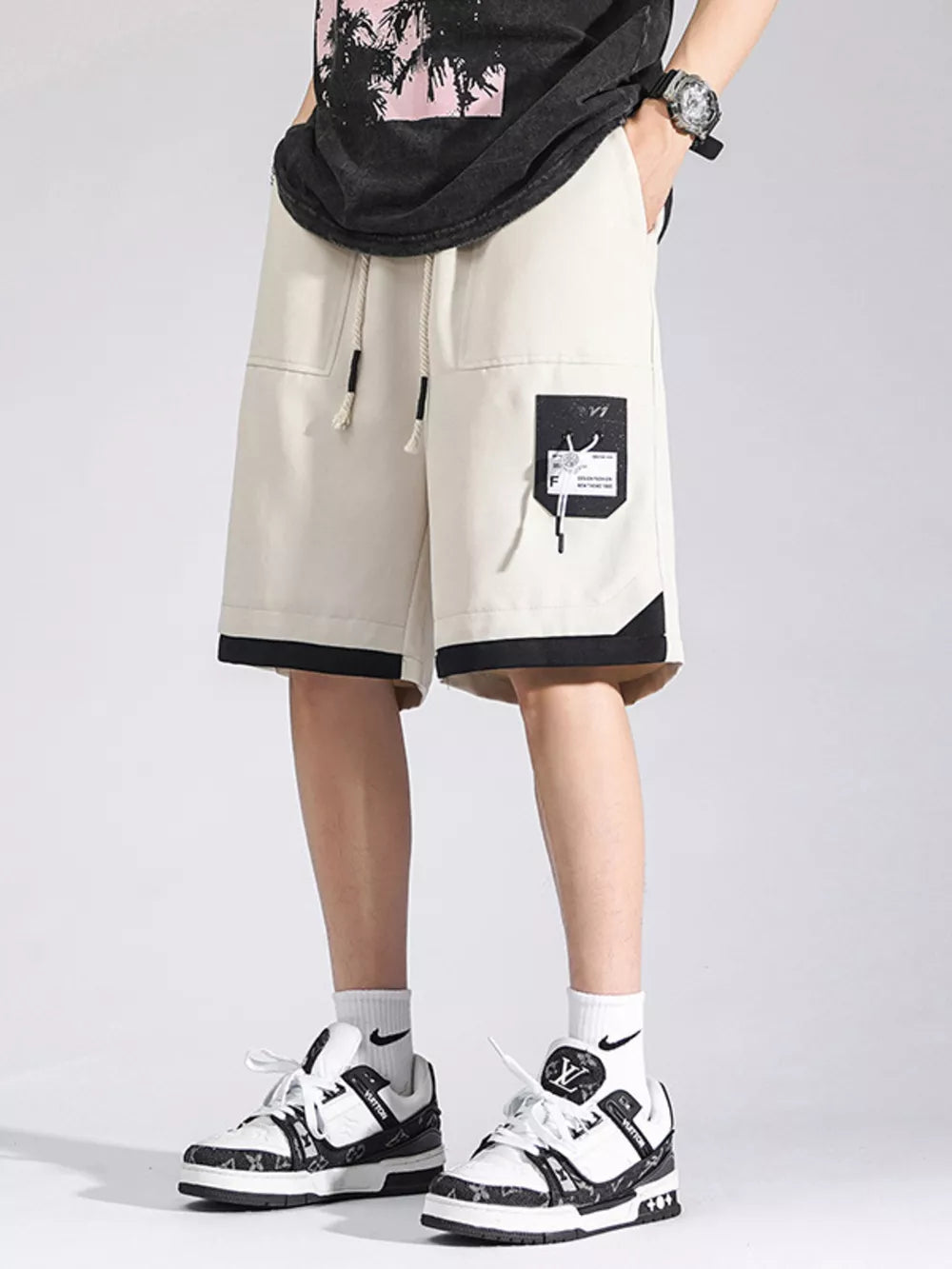 Men's Plus Size Drawstring Cargo Shorts in Cream, close-up detail