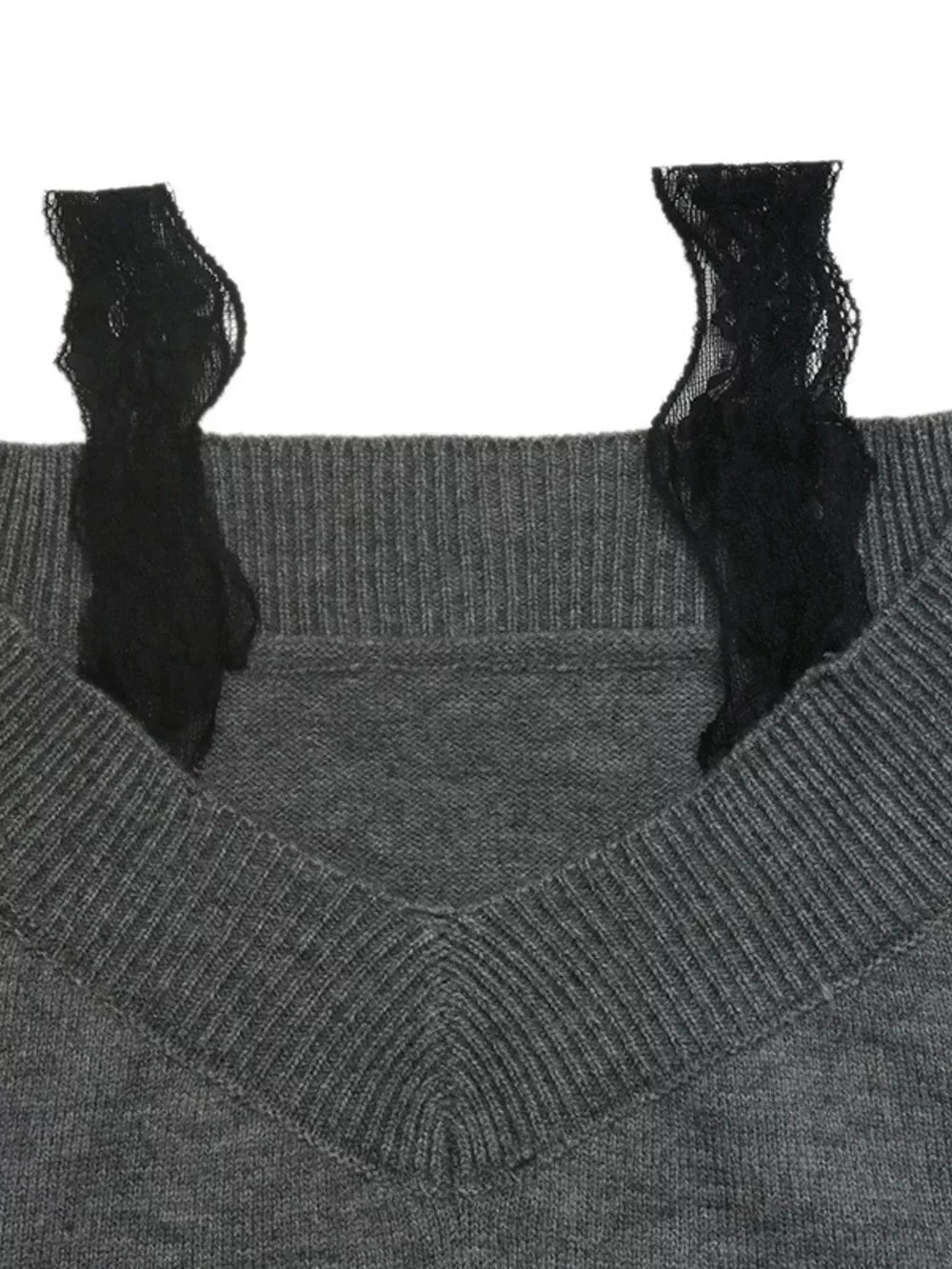 Off-shoulder Lace Trim Sweater in Dark Gray, view 11
