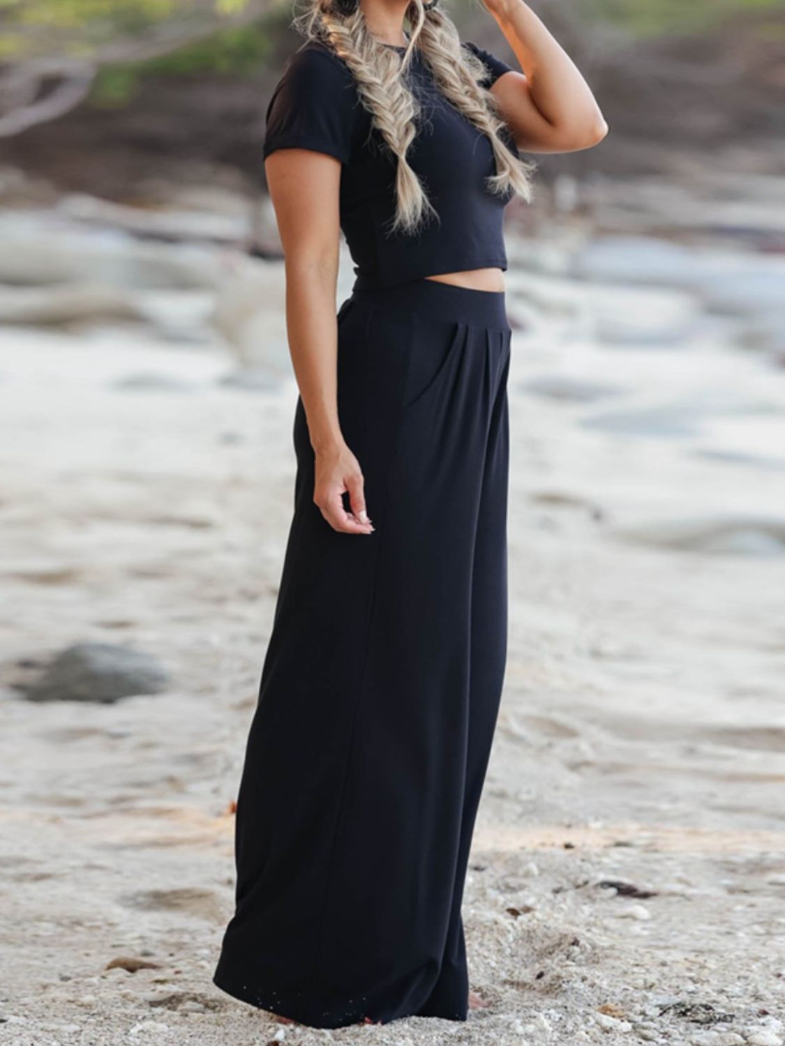 Black pleated waist crop top and wide leg pants set