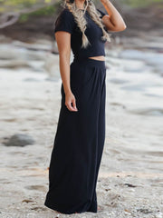 Black pleated waist crop top and wide leg pants set