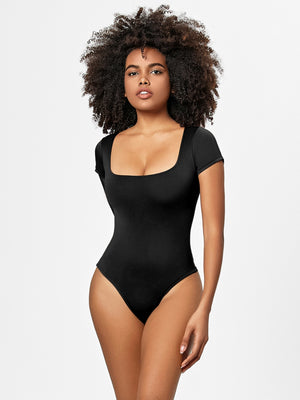 Black short sleeve bodysuit with square neckline.