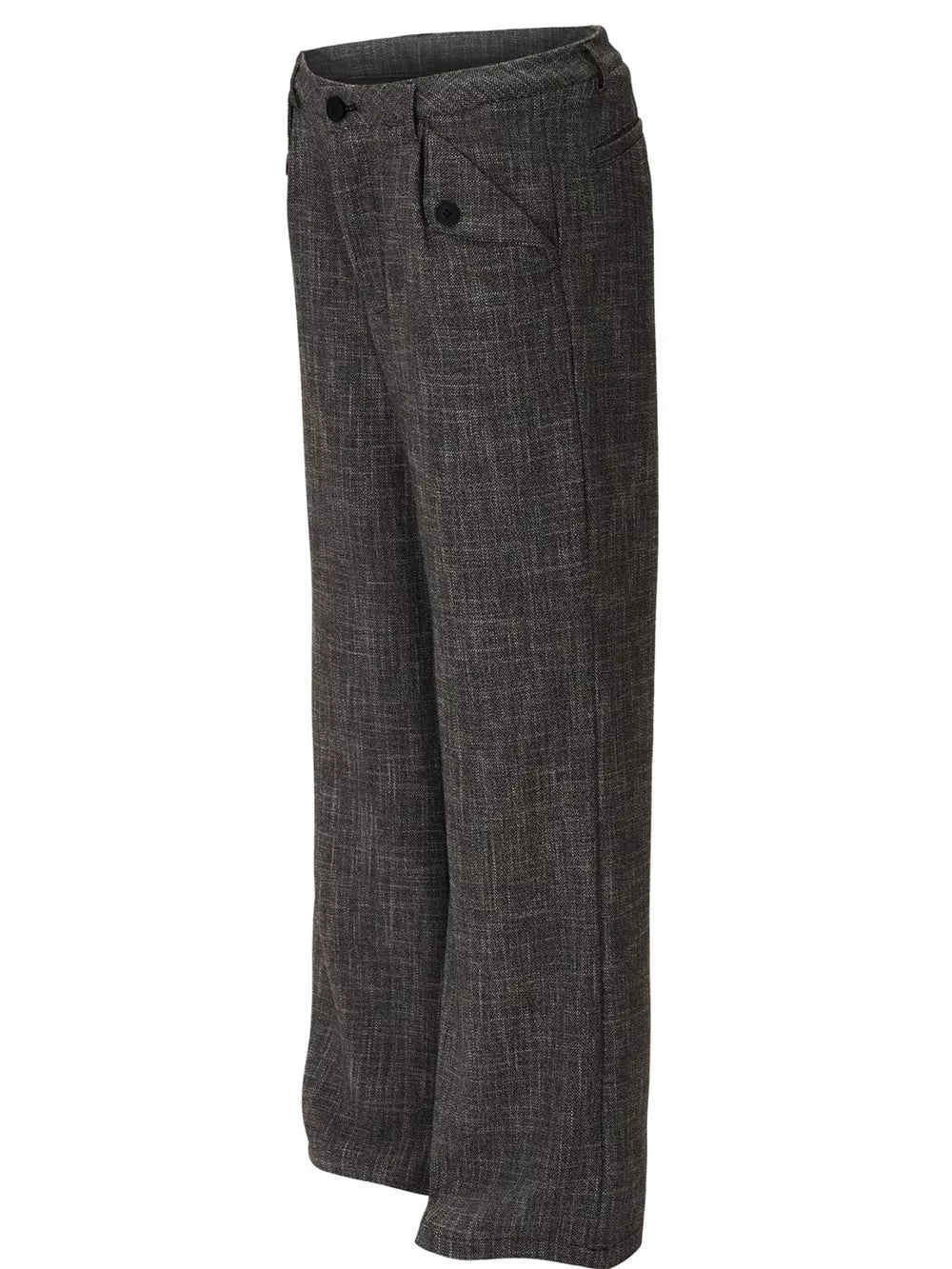 Men's dark gray textured flare sweatpants with button flap pockets.
