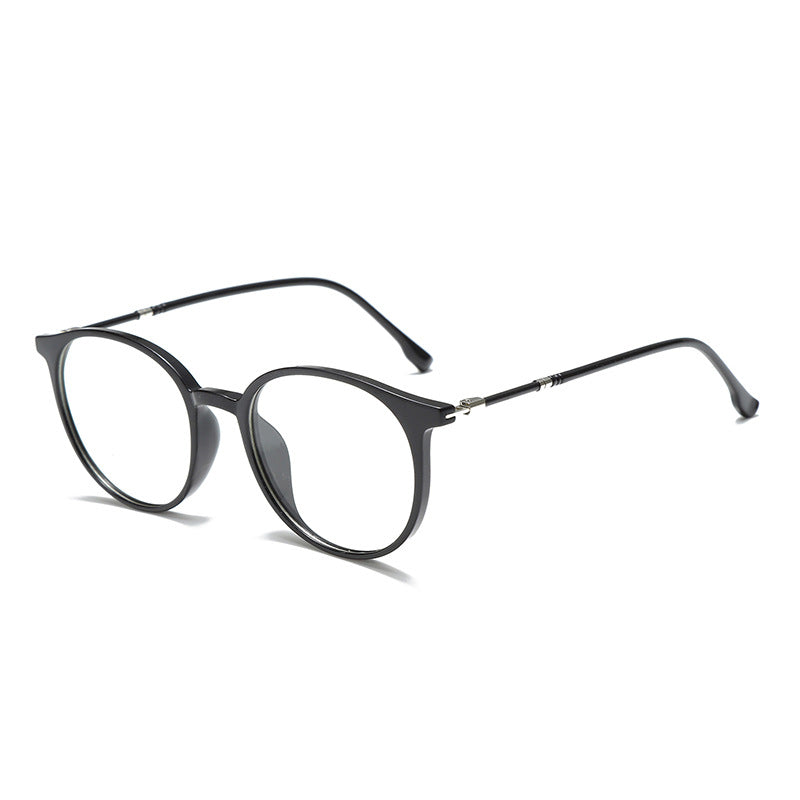 Round black acetate frame glasses with metal temples and clear lenses
