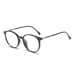 Round black acetate frame glasses with metal temples and clear lenses