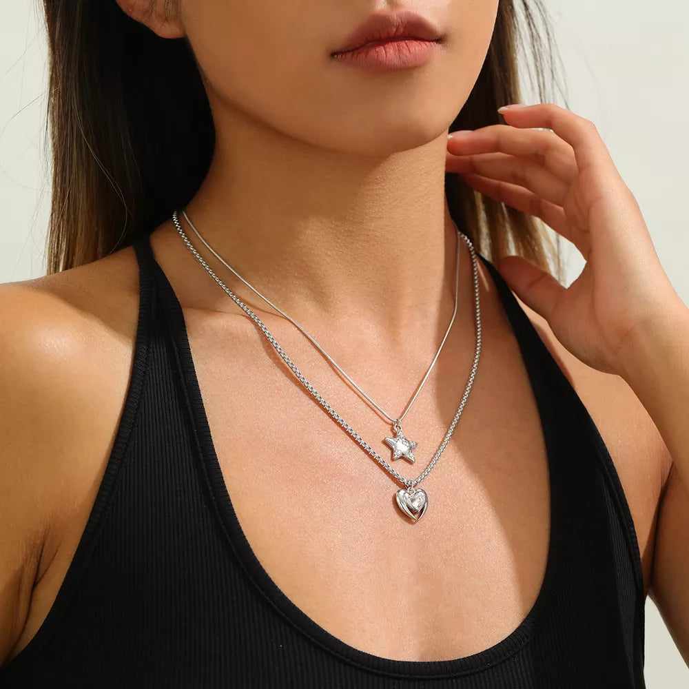 2-piece Star And Heart Pendant Alloy Necklace in Silver, back view