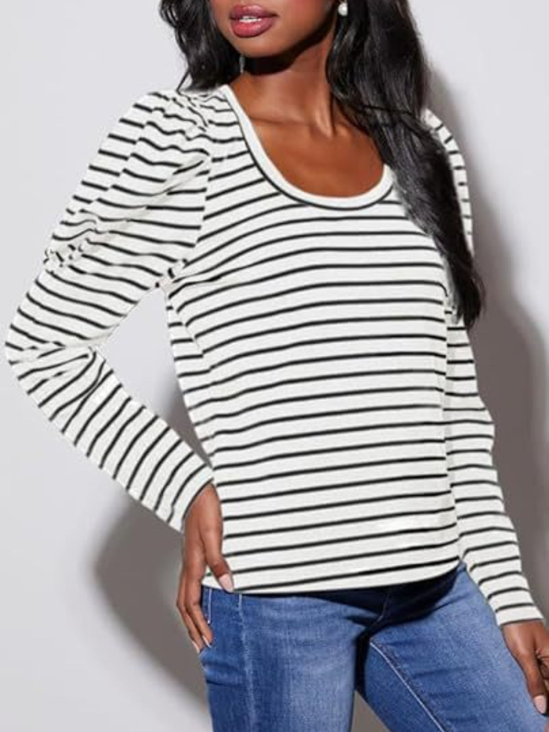 Breton stripe tee with puff sleeves and scoop neck in black and white.