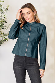 Biker jacket in faux leather, Peacock Blue, with a zip front and mock neck.