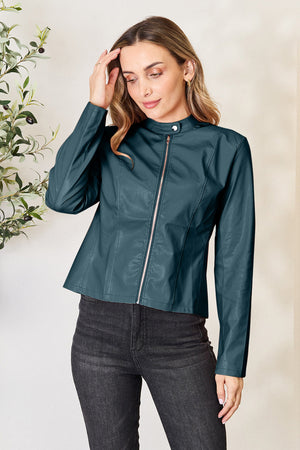 Biker jacket in faux leather, Peacock Blue, with a zip front and mock neck.