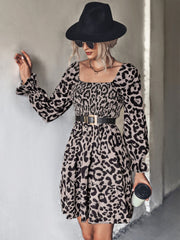 Smocked bodice leopard print mini dress with square neck and ruffled cuffs