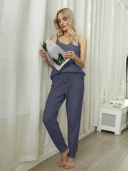 Dusty blue knit loungewear set with cami and drawstring pants.