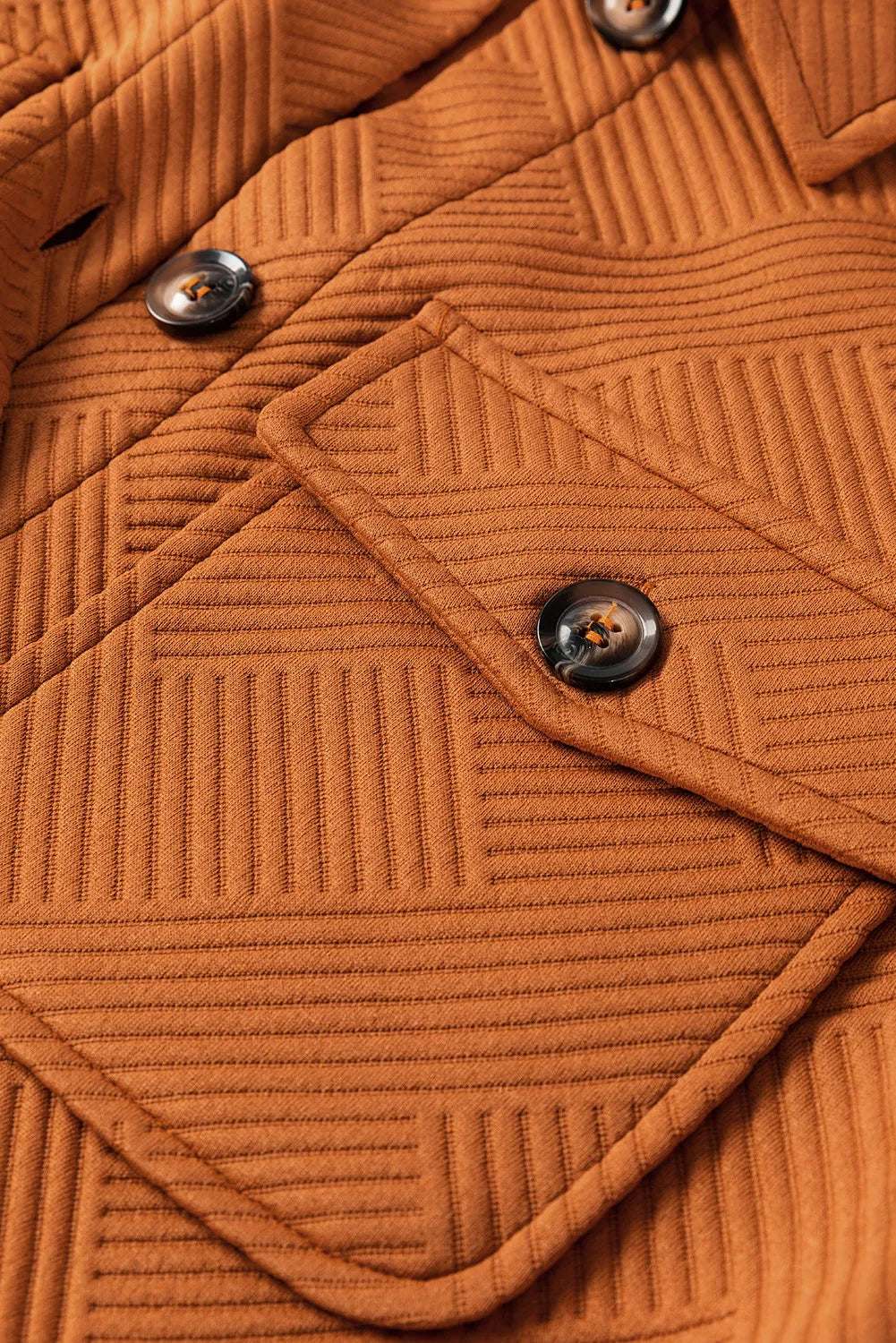Caramel quilted overshirt jacket with patch pockets and button details.