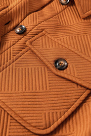 Caramel quilted overshirt jacket with patch pockets and button details.