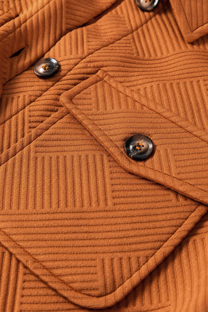Caramel quilted overshirt jacket with patch pockets and button details.