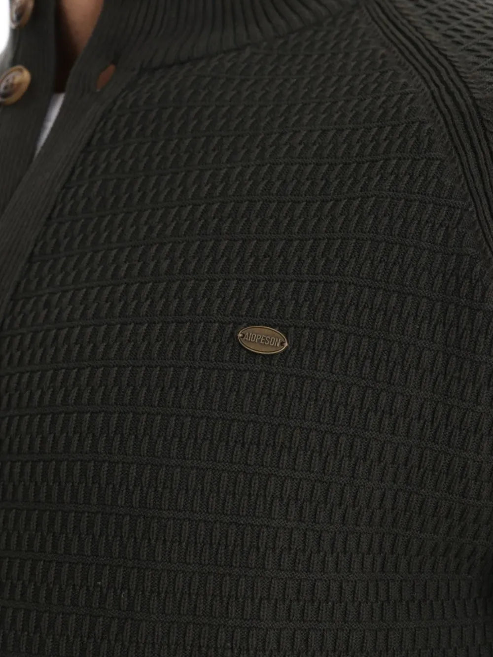 Textured knit stand collar cardigan in Army Green with button closure and metal logo detail.