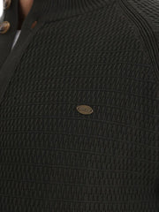 Textured knit stand collar cardigan in Army Green with button closure and metal logo detail.
