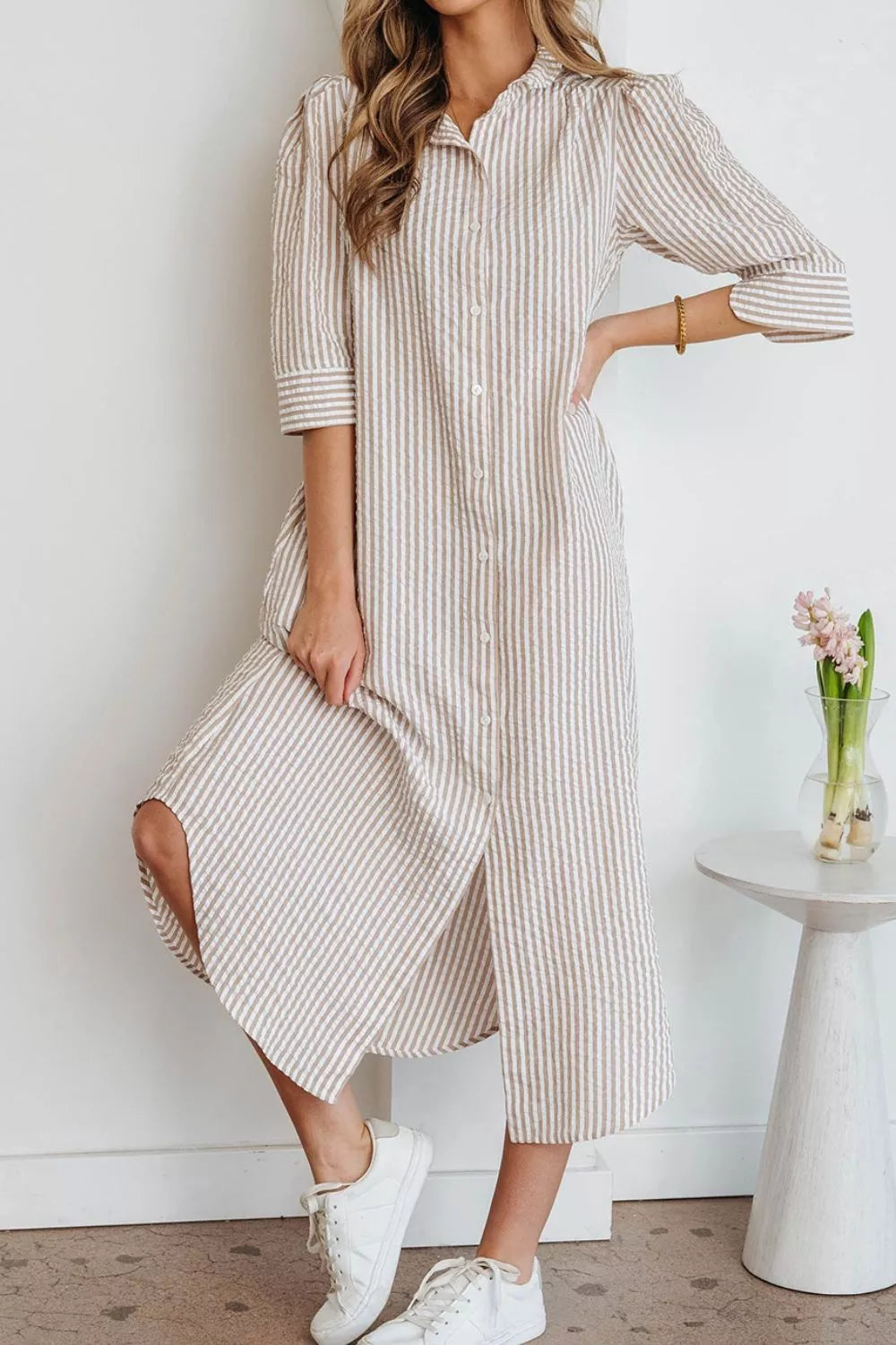 Stripe Frilled Collar Half Sleeve Shirt Dress, back view