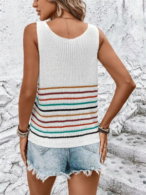 Chic striped knit vest with V-neck and colorful horizontal stripes.