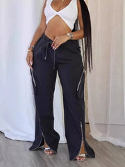 Drawstring Cargo Pants With Zipper Accents in Black, back view