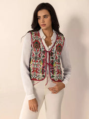 Embroidered tie-front cropped vest coat in deep red with floral pattern, trimmed in red.