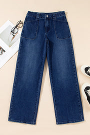 Mid-rise straight leg jeans in dark wash denim with button closure and large front pockets.