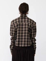 Chic ruched plaid long sleeve shirt with buttoned cuffs, shown from the back.