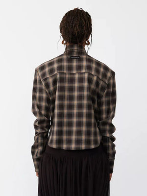 Chic ruched plaid long sleeve shirt with buttoned cuffs, shown from the back.