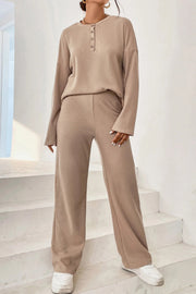 Relaxed ribbed henley set in camel with button detail and wide leg pants