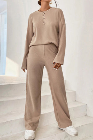 Relaxed ribbed henley set in camel with button detail and wide leg pants