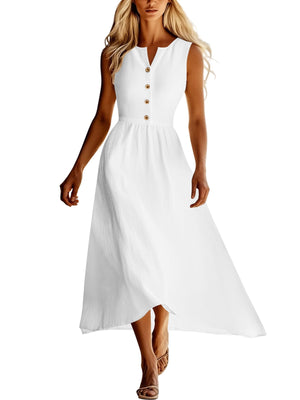 White sleeveless button front midi dress with a-line skirt.