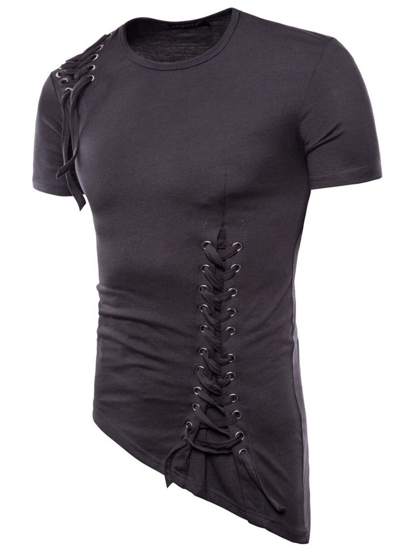 Men's dark gray cotton t-shirt with lace-up detail on side and shoulder, asymmetric hem.