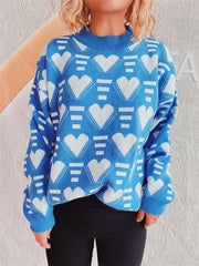 Blue acrylic knit jumper with white geometric heart pattern and mock neck.