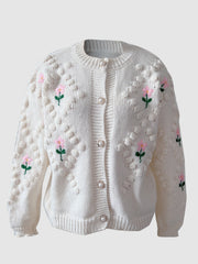 Cream bobble stitch cardigan with embroidered flowers and pearl buttons