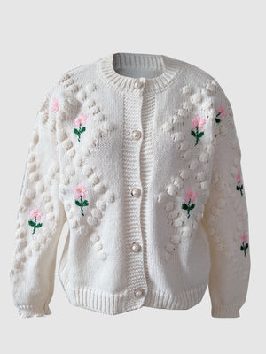 Cream bobble stitch cardigan with embroidered flowers and pearl buttons