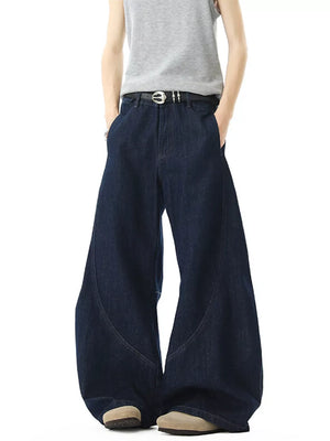 Men's dark wash cotton wide-leg jeans with pockets and a relaxed fit.