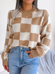 Checkerboard knit mock neck pullover sweater in camel and white, acrylic, long sleeve.