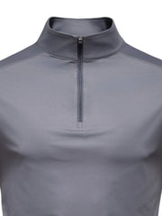 Gray performance zip-neck tee with structured shoulders and a stand-up collar.