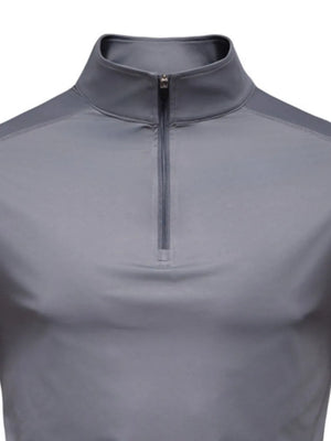 Gray performance zip-neck tee with structured shoulders and a stand-up collar.