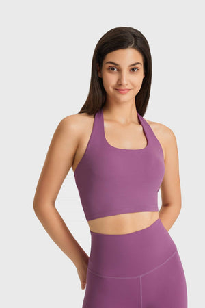 Purple halter neck sports bra with ruched back detail