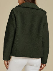 Dark green sherpa zip-up jacket with a textured fleece fabric and collar.