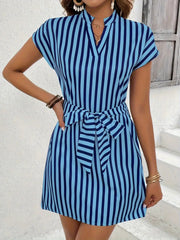 Blue and black striped mini dress with V-neck, short sleeves, and self-tie waist.