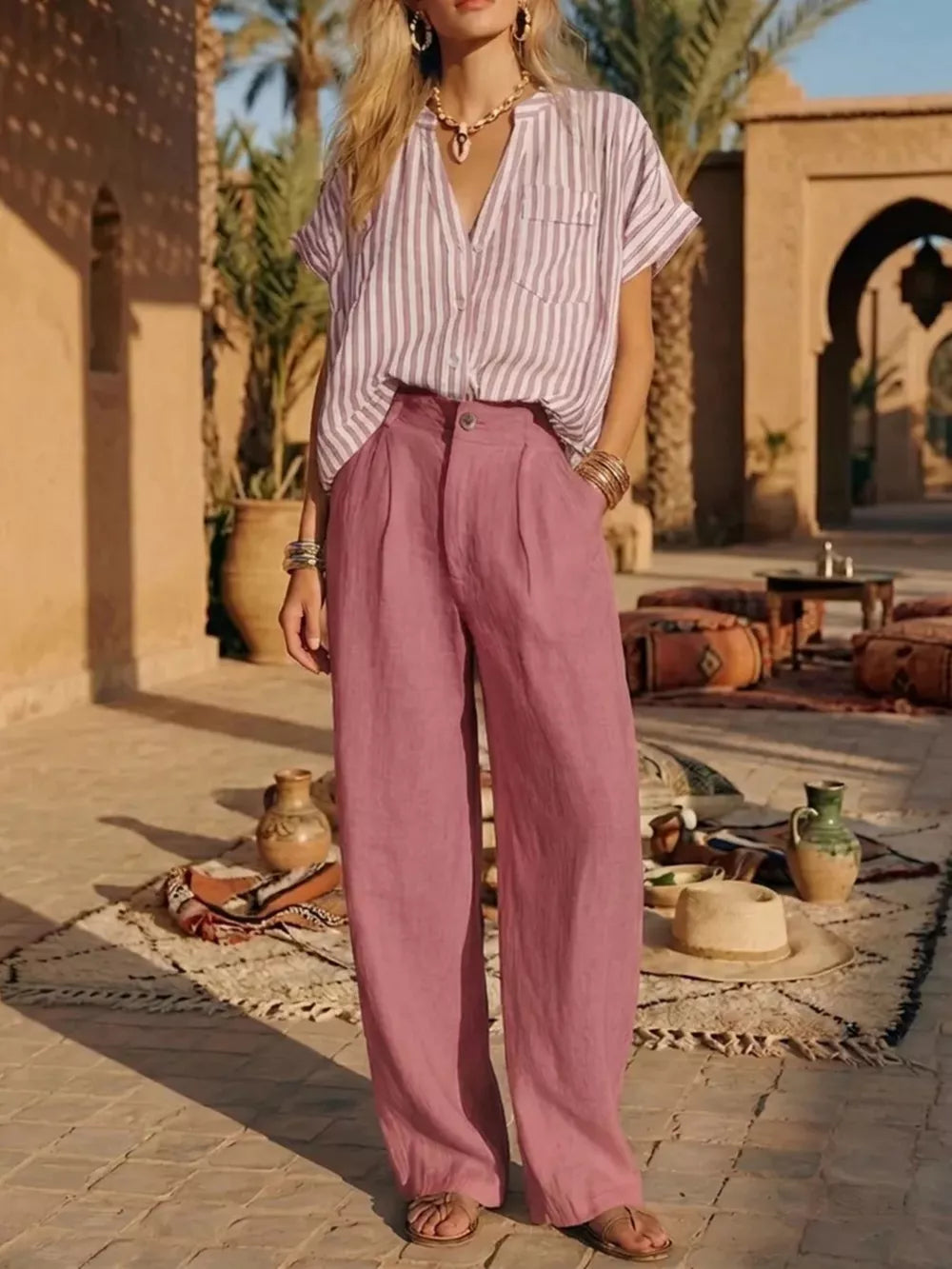 Full Size Striped Button Up Shirt And Pants Set Plus Size, close-up detail
