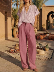 Full Size Striped Button Up Shirt And Pants Set Plus Size, close-up detail