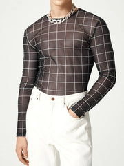 Black grid-print sheer mesh long sleeve top with crew neck